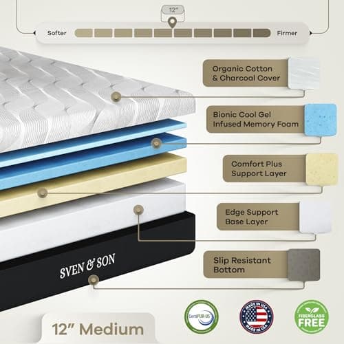 Sven & Son Harmony Adjustable Bed Base, Head and Foot Lift, Massage, Under-Bed Lights, USB, Gel Memory, Zero Gravity Smart Frame - Split King + 12 inch Memory Foam Matt (Medium)