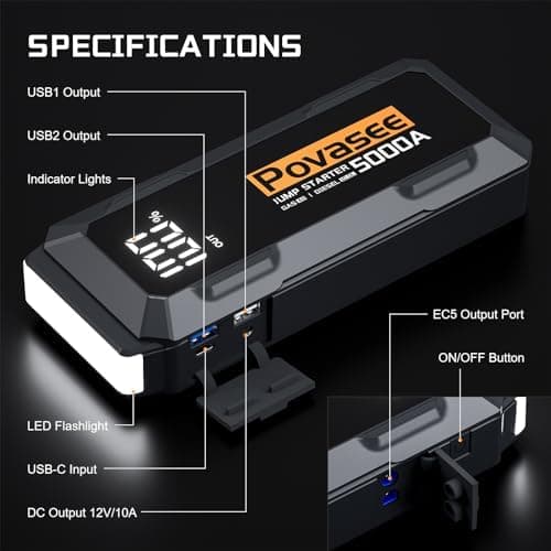 5000A Jump Starter Povasee Car Battery Jump Starter, 12V Jump Box for car up to All Gas or 10L Diesel Engine Battery Jumper Starter Portable with 3" LCD Display Power Bank/Dual Output/LED Light