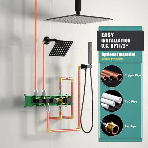 Enga Temperature Display Shower System with Dual Shower Heads, 16" + 6" Dual Rain Shower System, Push-button Valve Thermostatic Shower Faucet Set, Can All Run Together & Flow Adjustable, Matte Black