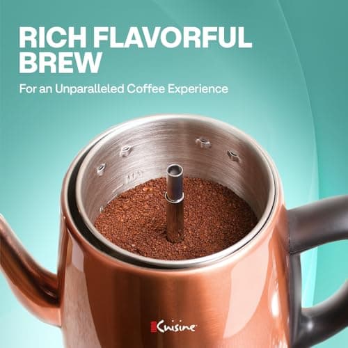 Euro Cuisine PER04 Stainless Steel Electric Coffee Percolator, 4 Cup, Polished Copper Finish, Dripless Gooseneck Spout, Clear Glass Knob, Brewing Indication, Keep-Warm Function, Detachable Cord