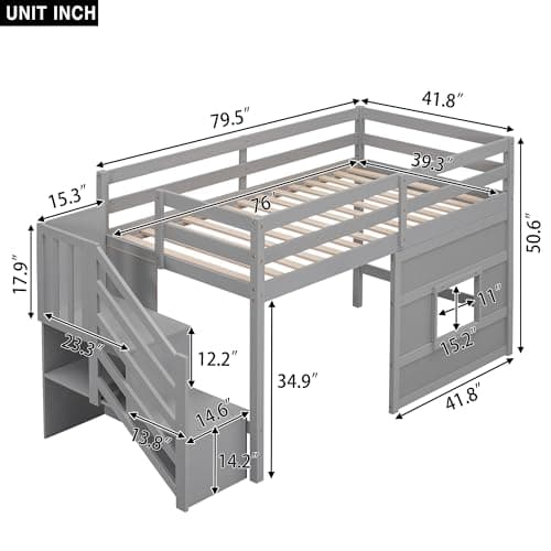 SOFTSEA Low Loft Bed with Stairs, Twin Size Loft Bed with Storage Staircase and Window, Kids Low Loft Bed Frame with Playhouse for Teens Juniors, No Box Spring Needed, Grey