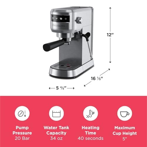 Frigidaire Steam Espresso Maker, Coffee Machine with Milk Frother & Cup Warmer, 20 Bar Pressure, 34 oz Removable Water Tank, Single or Double Shot, Stainless Steel