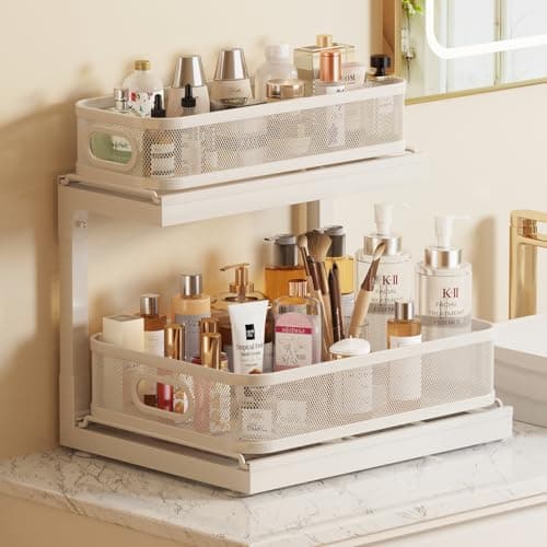 2-Pack Under Sink Storage Organizer with 2-Tier Slide Out Drawer, Sophisticated Mesh Pull Out Shelf for Kitchen & Bathroom, Fits Small Items, Upgraded Arched Track for Smooth Gliding(Patented)