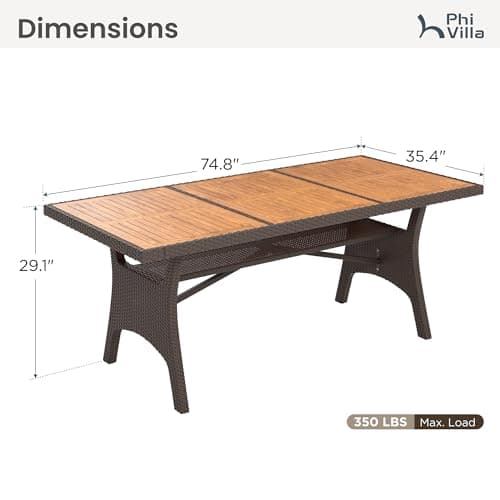 PHI VILLA Outdoor Dining Table for 6/8, 74" Rectangle Wicker Table with Acacia Wood Top & Storage Panel, Large Farmhouse Modern Furniture for Patio, Deck, Backyard, Porch