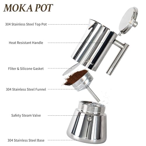 Stovetop Espresso Maker, 6Cup 10 oz Moka Pot, Stainless Steel Cuban and Italian Coffee Maker for Cafetera Cubana, Greca De Cafe Induction Stovetop Compatible, Coffee Gift for Home Travel