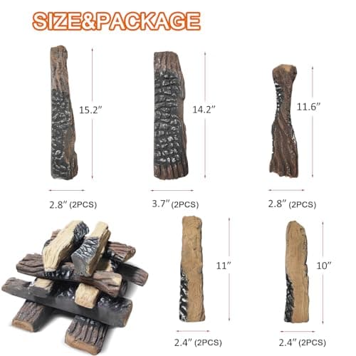 Skypatio 10-Piece Gas Fireplace Logs Set, Heat Resistant Realistic Ceramic Wood Logs for Indoor or Outdoor Fireplace, Fire Pit Decor, Lightweight & Portable