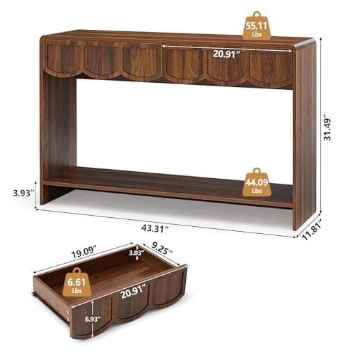 Console Table with Drawers, Mid-Century 43 Inches Narrow Entryway Tables with Open Storage Shelves, Hallway Accent Tables Behind Couch Table for Living Room - Walnut