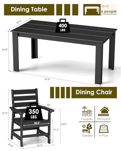 GREENVINES 7-Piece Outdoor-Dining-Set | HDPE Plastic 67'' Table and Chairs Sets for 6 | Patio Furniture | All Weather | Umbrella Hole | Black | for Poolside Garden Backyard