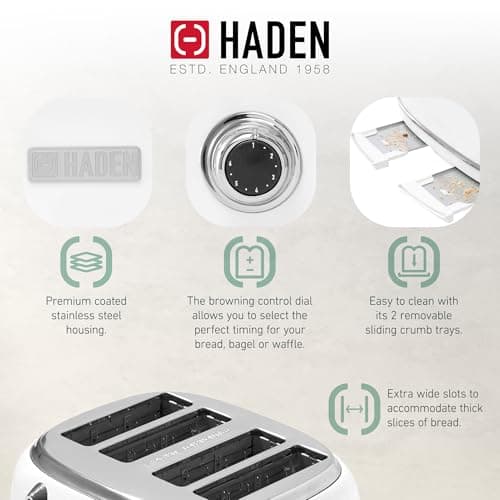 HADEN Heritage Stainless Steel Body Retro Electric Tea Kettle, White and Haden Heritage 4 Slice Wide Slot Stainless Steel Retro Toaster, White
