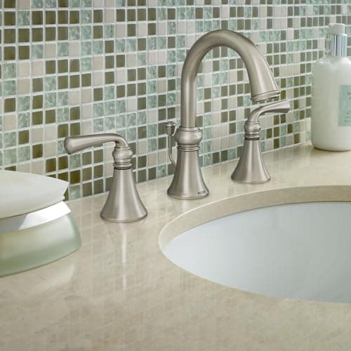 Moen Wetherly Spot Resist Brushed Nickel Two-Handle Widespread Bathroom Faucet with Valve Included, Bathroom Faucets for Sink 3-hole Deck Mounted Setup, WS84855SRN
