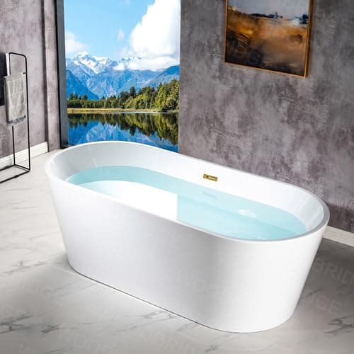 WOODBRIDGE 71" Acrylic Freestanding Bathtub Contemporary Soaking White Tub with Brushed Gold Overflow and Drain,B1701-BG