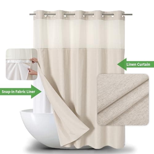 No Hooks Polyester Textured Shower Curtain with Snap-in Fabric Liner Set, Hotel Luxury Decor Shower Curtains for Bathroom with See Through Top Window, Waterproof & Washable, 71Wx74H, Cream