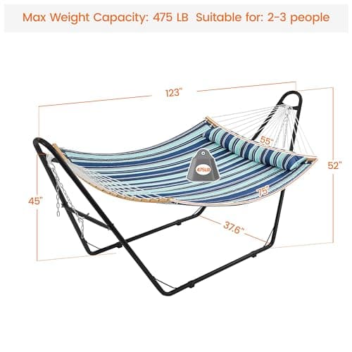 Yaheetech Hammock with Stand Set, Heavy-Duty Steel Hammock Stand for 2-3 People Outdoor, Porch, Patio, Deck and Backyard, Max Weight Capacity 475LB - Blue Stripe
