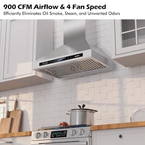 Wall Mount Range Hood 30 inch，900 CFM Kitchen Hood with Voice/Gesture/Touch Control，Vent Hood in Stainless Steel With Ducted/Ductless Convertible, 4 Speed Exhaust Fan