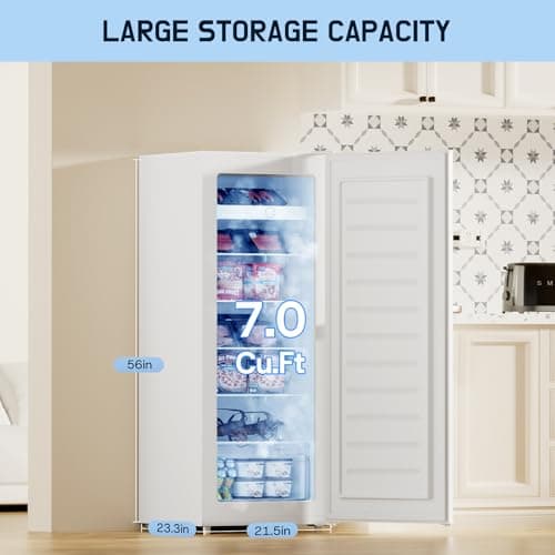 Upstreman 7.0 Cu.Ft Upright Freezer Large Capacity Convertible Refrigerator/Freezer, 5 Adjustable Shelves, Energy Efficient, Garage Ready, Reversible Door for Basement, Dorm, Apartment,White