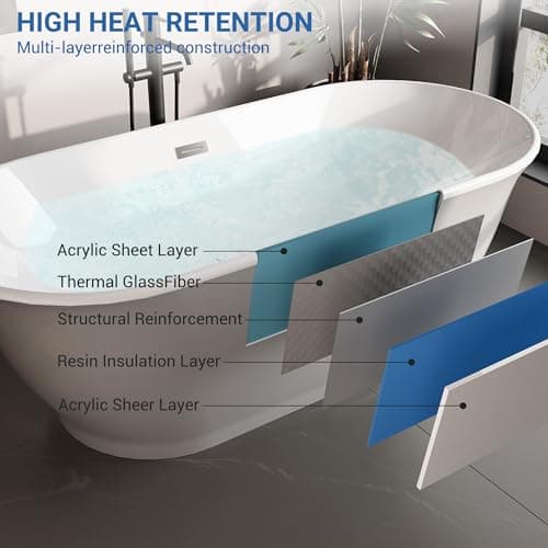 67 Inch Acrylic Freestanding Bathtub, Luxury Oval Soaking Tub, Modern Stand Alone Bath In White, with Chrome Drain, Overflow, Deep Soak Freestanding Tub for Bathroom