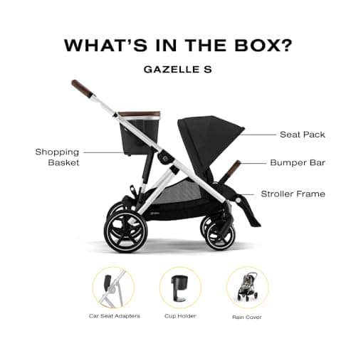 Cybex Gazelle S All-in-One Toddler and Baby Stroller with Over 20 Modular Configurations, Ergonomic Near-Flat Recline, Shopper Basket, and Compact Fold, Moon Black, Silver Frame