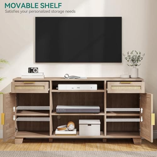 YITAHOME Rattan TV Stand for up to 65 Inch TVs, Boho Entertainment Center with Storage, TV Media Console with Drawers, Adjustable Shelves for Living Room (Natural Oak)