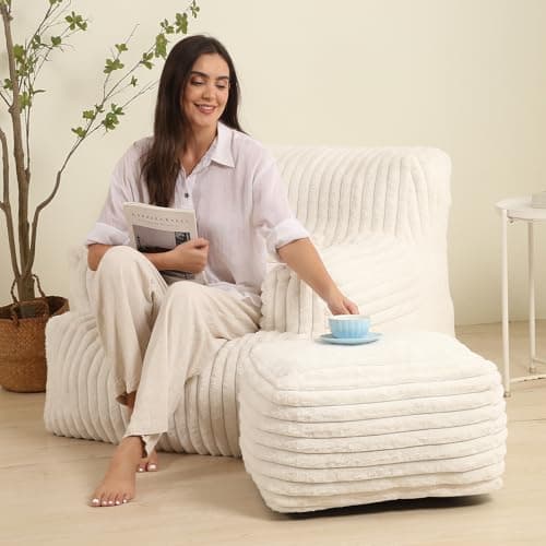 Comfy Gaint Bean Bag Chair with Ottoman, Fluffy Huge Bean Bag Armchair for Adults and Teens, Cream