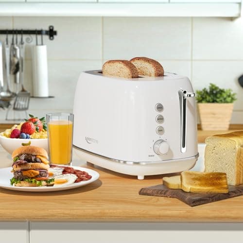 Keenstone Toaster 2 Slice, Retro Wide Slot Stainless Steel Toaster with 6 Browning Levels, Reheat & Defrost, for Bagel, Toast, Bread, Kitchen Essentials, Removable Crumb Tray, White