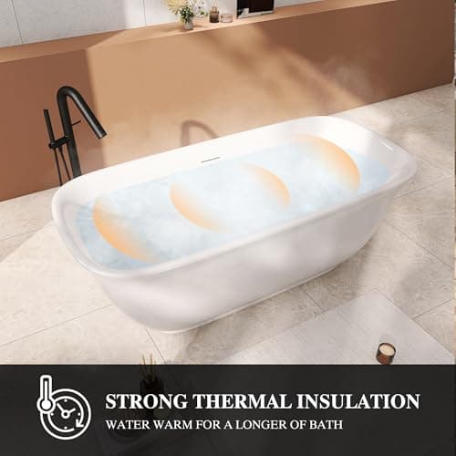 59" Acrylic Freestanding Bathtub, Soaking Tub for Bathroom, Stand Alone Tub, cUPC Certified, Integrated Overflow and Drain, Gloss White
