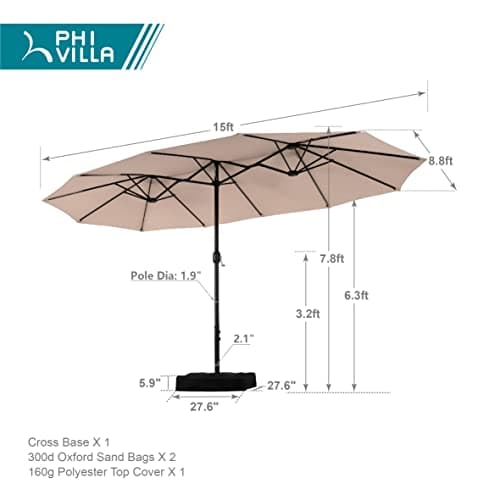 PHI VILLA 15ft Large Patio Umbrella with Base, Double-sided Outdoor Umbrella, Beige