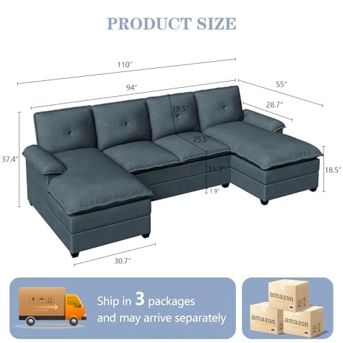 U Shaped Sectional Couch for Living Room,110" 4-Seater Comfy Couch with Double Chaise,Deep Seat Modular Sofa Couches with Thick Cushion & Soft Backrest,Dark Gray