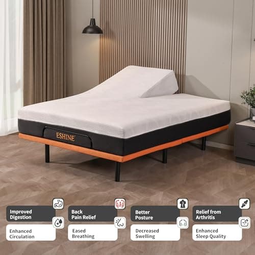 ESHINE Split Queen Adjustable Bed Frame with Mattress - 14" Gel Memory Foam Mattress, USB Ports, Underbed Night Light, Head and Foot Incline, Top Split Queen, Orange