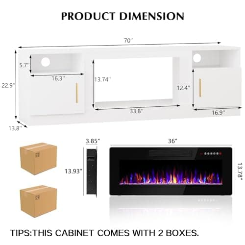 Lemberi Fireplace tv Stand with 36 inch Fireplace Up to 80" TVs,LED Light Entertainment Center and Storage, 70" Modern Wood Media TV Console with Highlight Cabinet for Living Room (White)
