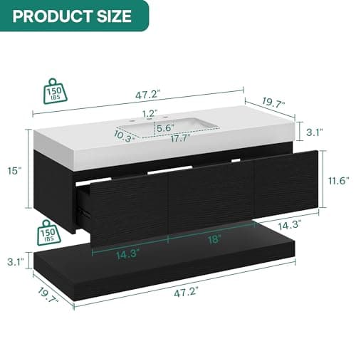 YITAHOME 48 Inch Floating Vanity with 3 Drawers, Wall Mounted Bathroom Vanity with White Quartz Countertop & Oak Veneer, Big Space Storage for Modern Bathroom, Black