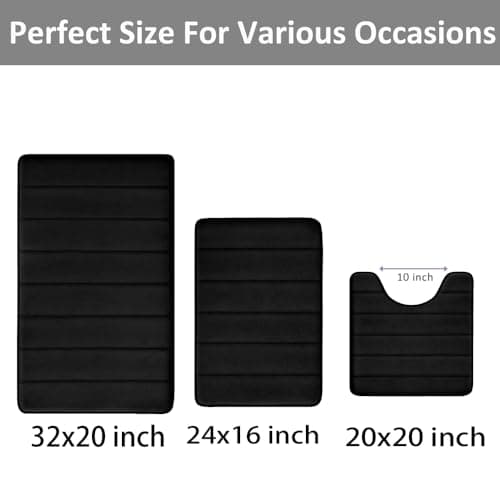 Bathroom Rugs Set Memory Foam Bath Rugs Non-Slip Bath Mat Set 3 Piece,Washable Bathroom Mats,Absorbent Shaggy Rugs Super Soft U-Shaped Toilet Rug,Bahroom Carpets for Bathroom,Tub,Shower（Black）