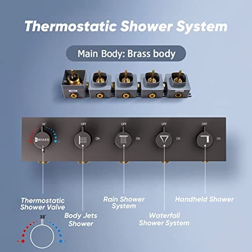 Thermostatic Shower System, Full Body shower syetem with Body Jets, 23 Inch Rainfall Waterfall Overhead Shower System in Matte Black