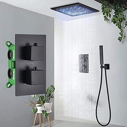 Shower Kits, Thermostatic Shower System LED 20"" Square Rainfall Shower Head System with Handheld Combo Set, Embedded Installation Black Shower Faucet Set Complete, (2 S?tt A)