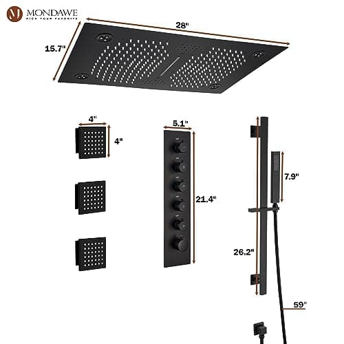 MONDAWE 28 Inch Flush-Mounted Thermostatic Shower System in Matte Black, 64 Colors LED and Bluetooth Control Music Rainfall Shower Head, Handheld Spray and Body Jets, High Pressure Shower Faucet Set