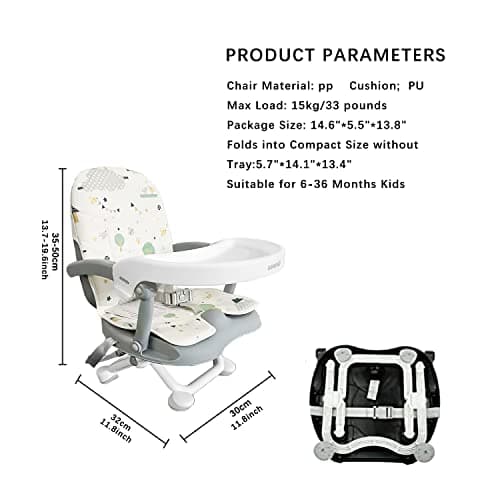 Baby Booster Seat for Dining Table with Removable Tray & Cushion, 3in1 Portable Toddler Booster Seat, 4 Height Adjustable Travel High Chair for Babies and Toddlers