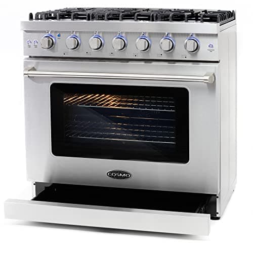 COSMO COS-EPGR366 36 in. Haven Collection 6.0 cu. ft. Gas Range, 6 Burners, Convection Oven, Knob LEDs, Storage Drawer, Stainless Steel