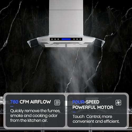 AROAN 30 inch Wall Mount Glass Range Hood, Stainless Steel Kitchen Chimney Vent Hood with 780 CFM & Four-Speed Touch Panel, 2pcs Adjustable LED, Tempered Glass Visor (PA03-30)
