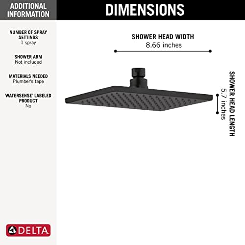 DELTA FAUCET Rain Shower Head, Rainfall Shower Head, Matte Black Shower Head Rainfall