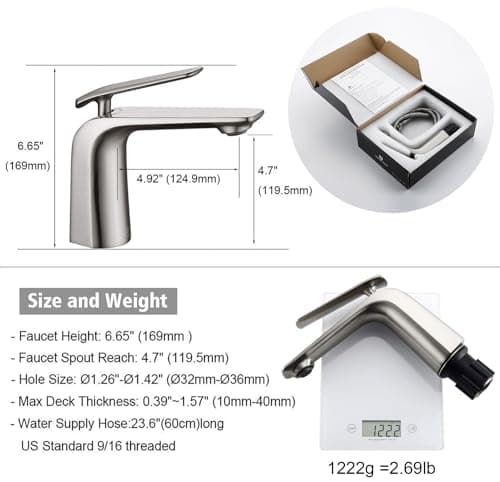 TOCALOCA 1 Handle Bathroom Faucet Brushed Nickel Sink Faucet, One Hole Bathroom Sink Faucet Modern Basin Mixer Taps, Premium Brass Vanity Faucet with Water Supply Hose