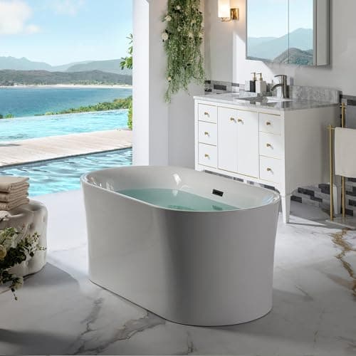 WOODBRIDGE 59" Acrylic Freestanding Bathtub Contemporary Soaking Tub with Matte Black Overflow and Drain,White Tub,B0058-MB