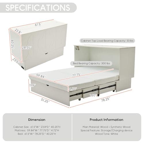 Queen Size Murphy Bed Cabinet with Charging Station & Storage Drawer, Wall-Mounted Tri-Fold Mattress Space Saver for Bedroom, Living Room, Office - White