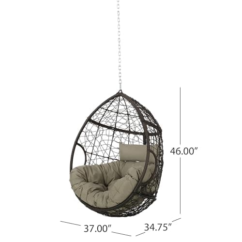 Outdoor Hanging Egg Chair with 8FT Chain, Patio Wicker Swing Egg Basket Chairs, Rattan Basket Hanging Chair Without Stand, Indoor Outdoor Wicker Hammock Egg Chair, Ideal for Patio Garden, Khaki Brown