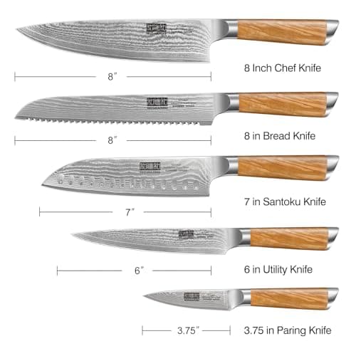 5 Pieces Kitchen Knife Sets, Ultra Sharp Professional Damascus Super Steel Chef Knives Sets with Ergonomic Olive Wood Handle, Including Chef, Bread, Santoku, Utility & Paring Knives
