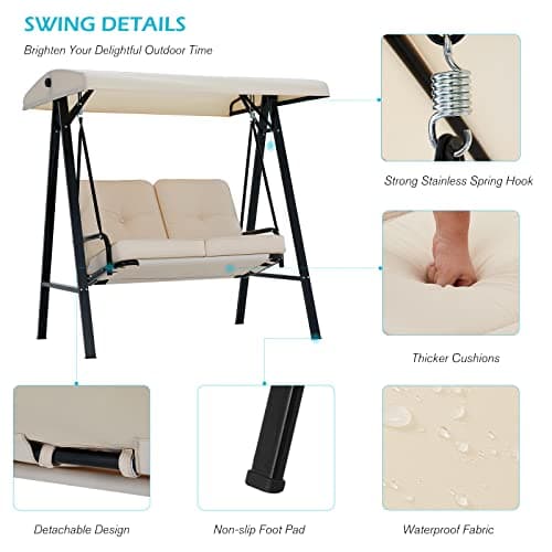 AECOJOY Outdoor Patio Swing Chair for Adults, 2-Seat Porch Swings with Adjustable Canopy, Outside Swing Bench with Removable Cushion, Suitable for Backyard, Garden, Yard, Poolside, Balcony (Beige)