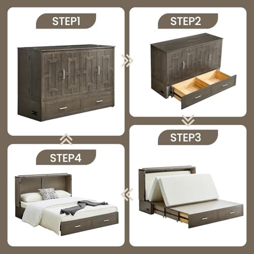 Murphy Bed Cabinet with Mattress, Queen Size Wall Beds with Large Storage Drawer and Charging Station, Hideaway Murphy Bed Chest for Home Office or Small Room (Gray)