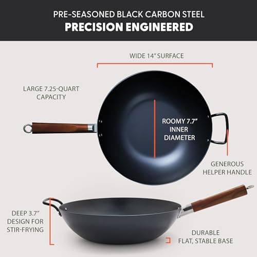 GreenPan Carbon Steel Wok 14”, Flat Bottom, Durable Stir-Fry Pan, Pre-Seasoned Nonstick Patina, High Heat Retention, Induction, Ash Wood Handle, Kyoto, Black