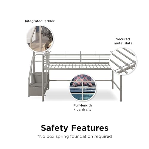 DHP Junior Twin Metal Loft Bed with Storage Steps, Multifunctional Space-Saving Solution - Silver with Gray Steps