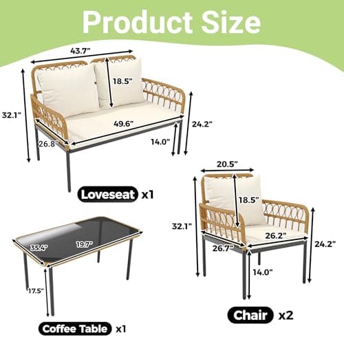 IDEALHOUSE 4-Piece Outdoor Patio Furniture Set, All-Weather PE Rattan Wicker Loveseat & Chairs with Glass Coffee Table & Steel Frame, Boho Conversation Set for Patio, Balcony, Backyard, Beige