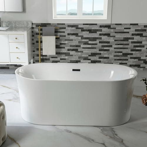 WOODBRIDGE 59" Acrylic Freestanding Bathtub Contemporary Soaking Tub with Matte Black Overflow and Drain,White Tub,B0058-MB