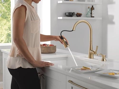Delta Boyd Brushed Gold Kitchen Faucet with Pull Down Sprayer and Soap Dispenser, Modern Single Hole Kitchen Sink Faucet, Single Handle, Champagne Bronze 19893Z-CZSD-DST